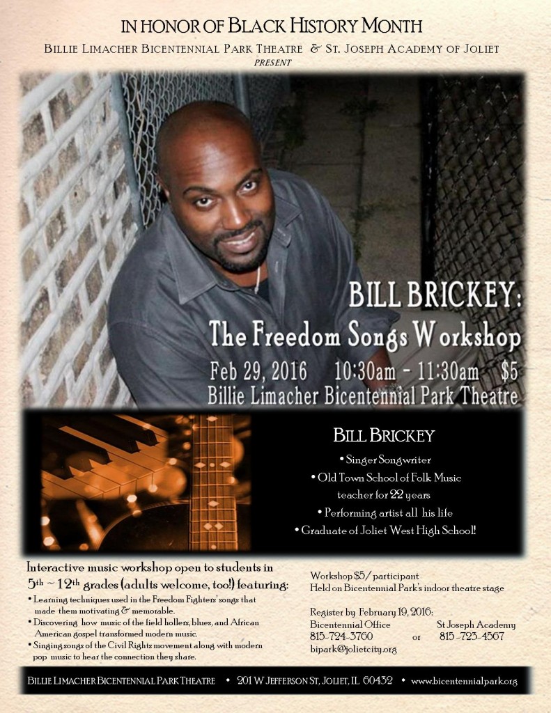 flyer - BILL BRICKEY - The Freedom Songs Workshop 2-29-16 Bicentennial Park